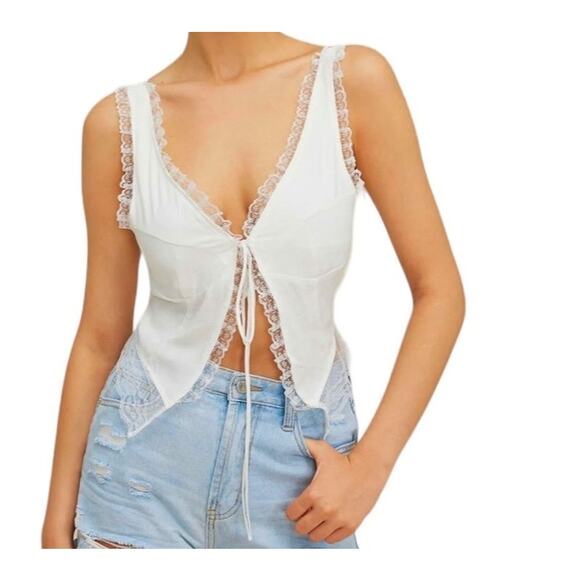 Micas Women's Small White Lace Floral Trim Tie Front Summer Lightweight Tank Top - Picture 1 of 11